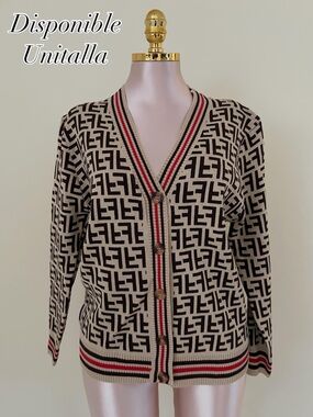 Patterned Beige and Black V-Neck Cardigan Sweater